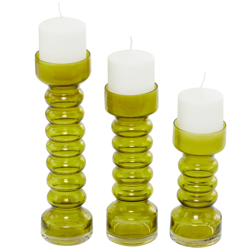 GLS CND HOLDER GRN S/3 13", 11", 11"H, MODERN, CANDLE HOLDERS, CANDLE HOLDERS, Glass, Green