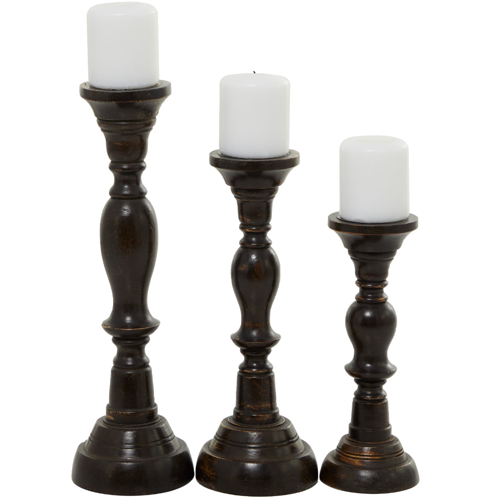 WD CNDL HLDR S/3 18", 15", 12"H, FARMHOUSE, CANDLE HOLDERS, CANDLE HOLDERS, Mango Wood, Black