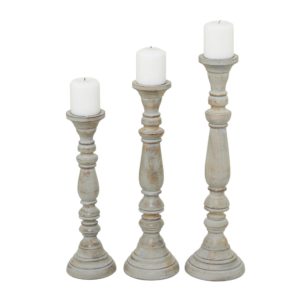 WD CANDLE STAND S/3 23", 21", 18"H, TRADITIONAL, CANDLE HOLDERS, CANDLE HOLDERS, Mango wood, Gray