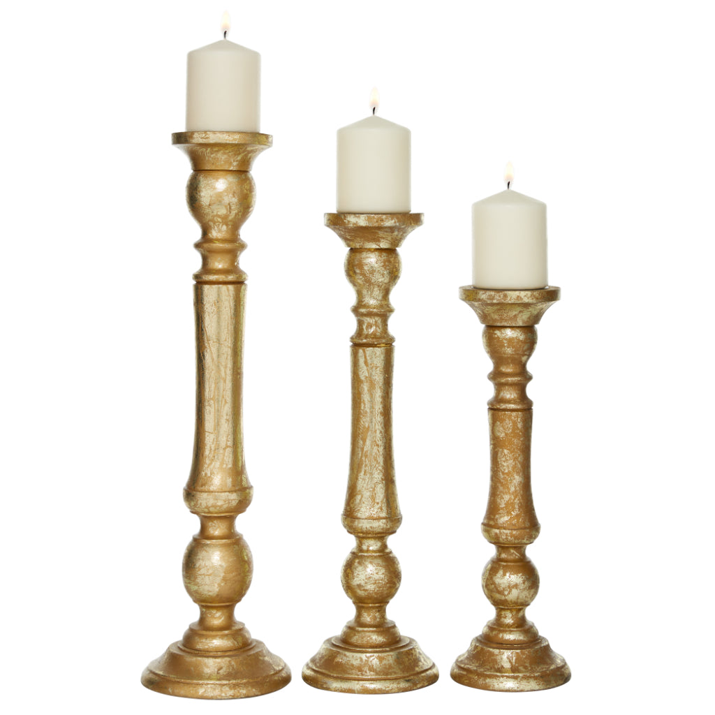 WD CNDL HLDR S/3 21", 18", 15"H, TRADITIONAL, CANDLE HOLDERS, CANDLE HOLDERS, MANGO WOOD, Gold
