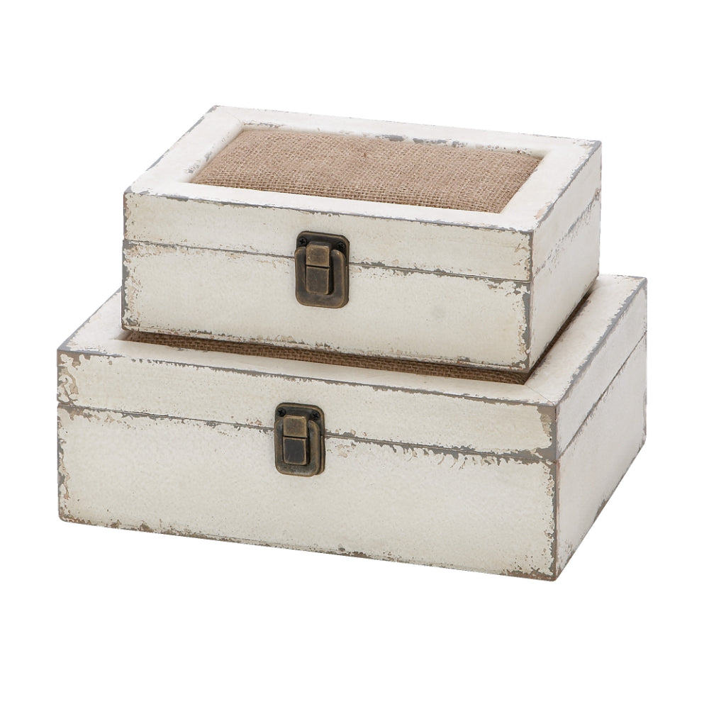 WOOD BURLAP BOX S/2 10", 8"W, FARMHOUSE, BOXES, BOXES-WOOD, Mdf, White