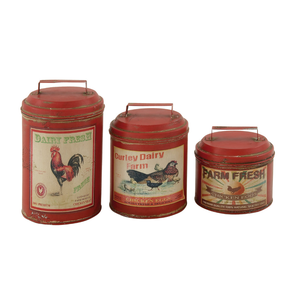 MTL CANISTER S/3 6", 8", 11"H, FARMHOUSE, HOME DECOR, JARS, TIN, Red