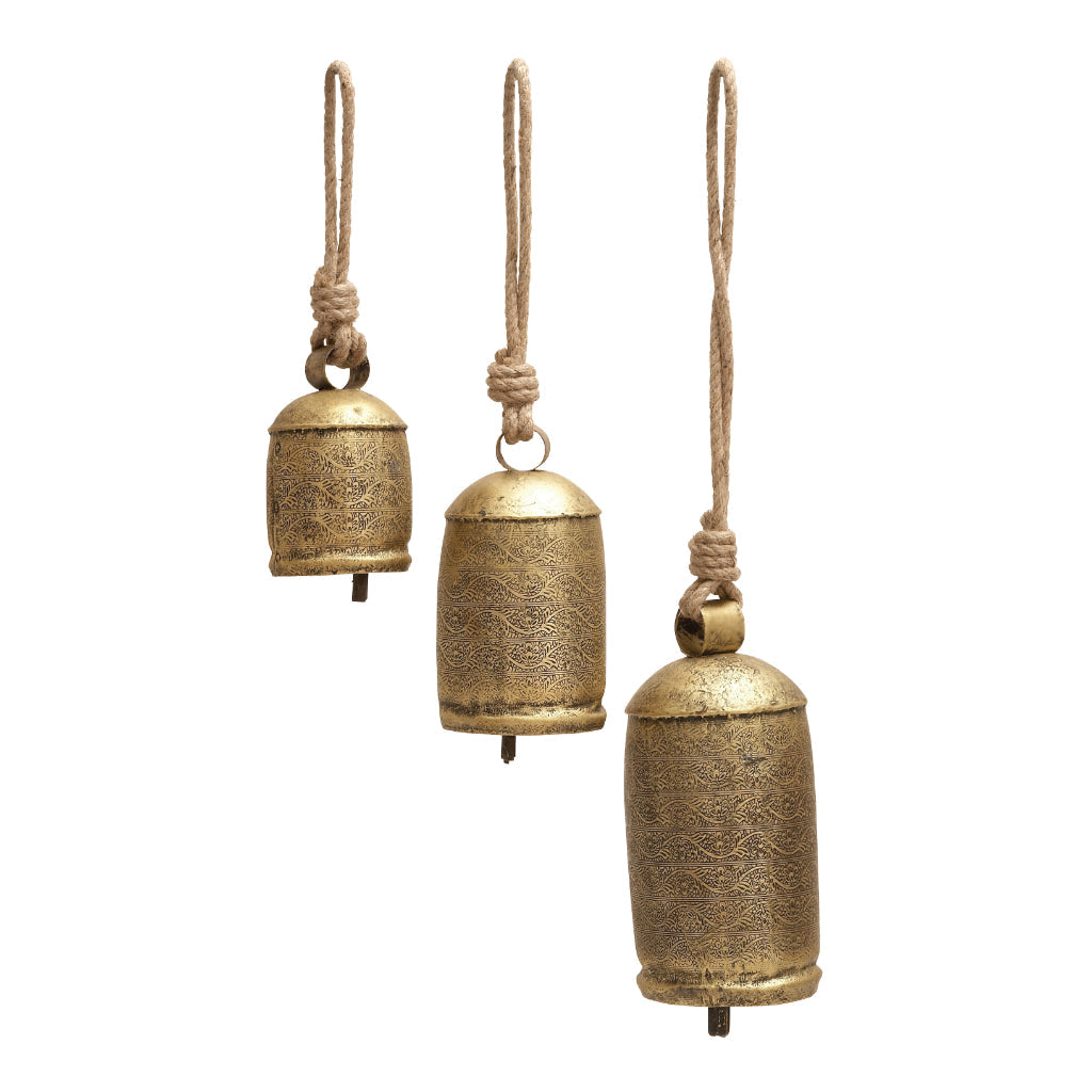 MTL ROPE BELL S/3 10",8",6"H, RUSTIC, GARDEN, WINDCHIMES-METAL, Iron, Bronze