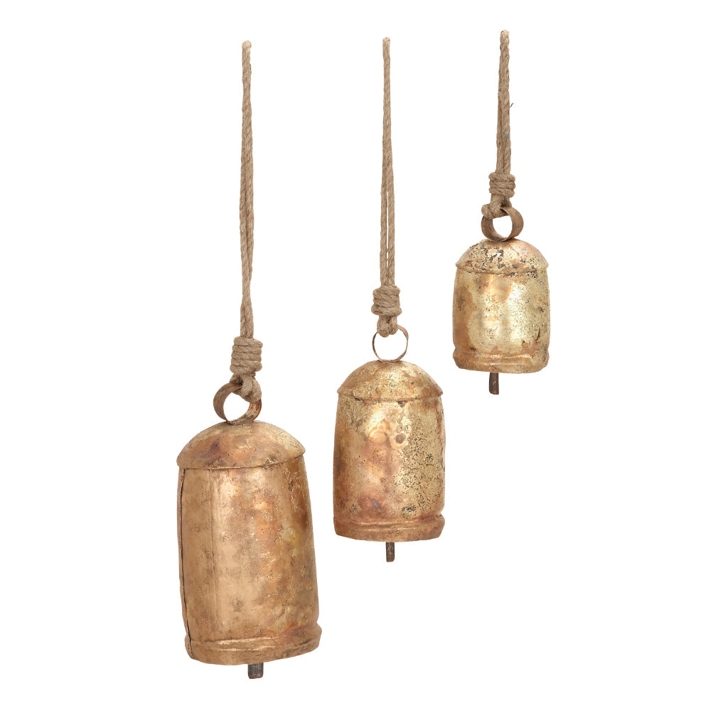 MTL ROPE COW BELL S/3 10",8",6"H, RUSTIC, GARDEN, WINDCHIMES-METAL, Iron, Gold