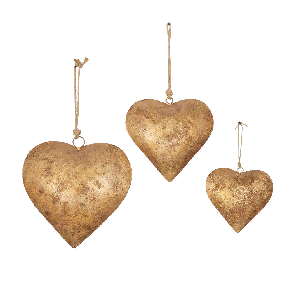 MTL HEART S/3 20", 17", 12"H, RUSTIC, GARDEN, WINDCHIMES-METAL, Iron, Gold