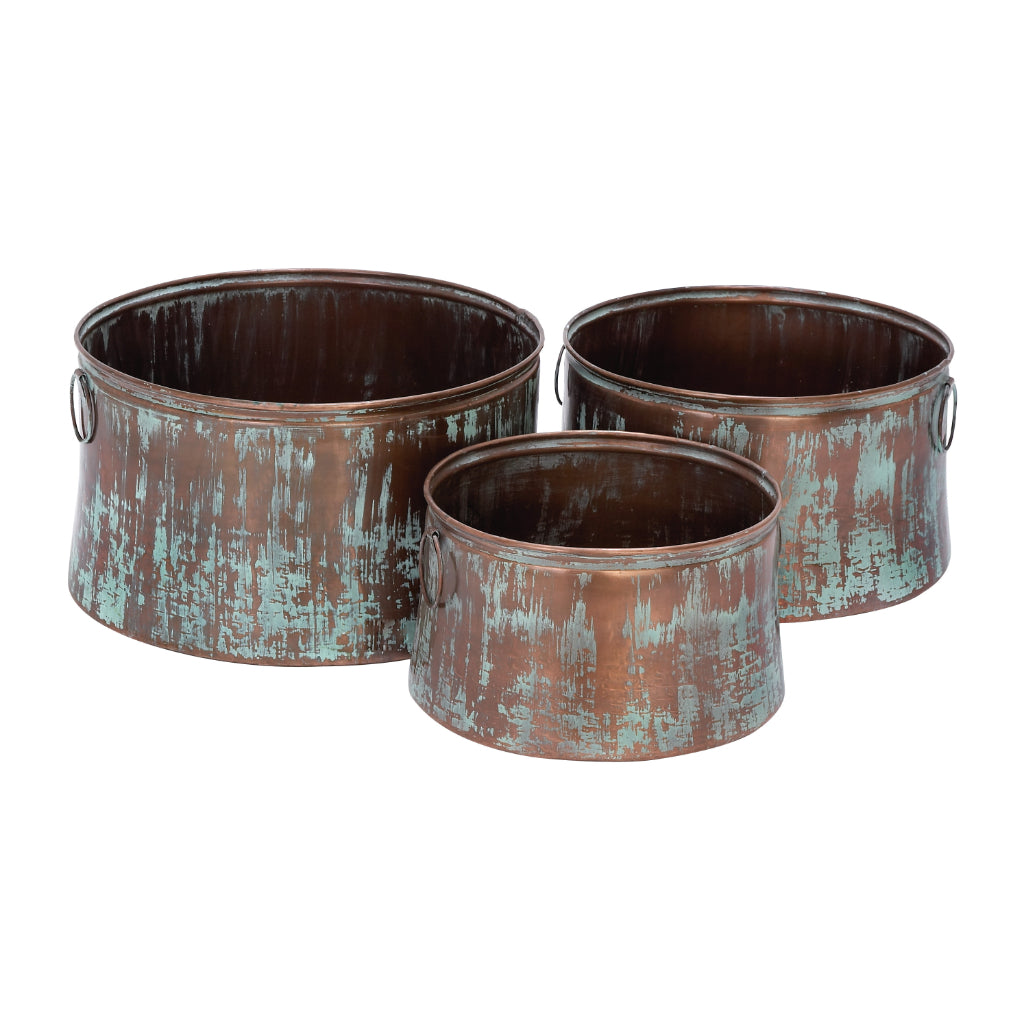MTL PLNTR S/3 20", 17", 14"W, RUSTIC, GARDEN, PLANTERS-METAL, Iron, Copper
