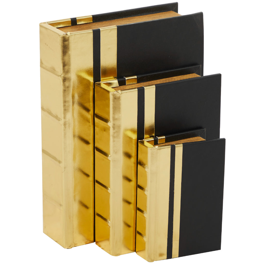 WD FX LTHR BOOK BOX S/3 12",9",6"H, GLAM, BOXES, FAUX, PU Leather, Gold