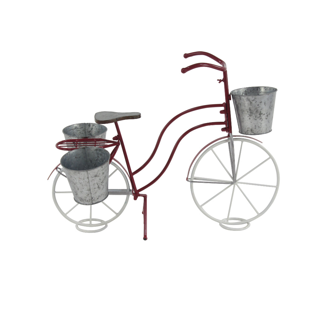 MTL GALV BICYCLE PLNTR 31"W, 23"H, VINTAGE, GARDEN, PLANT STANDS, TIN, Red