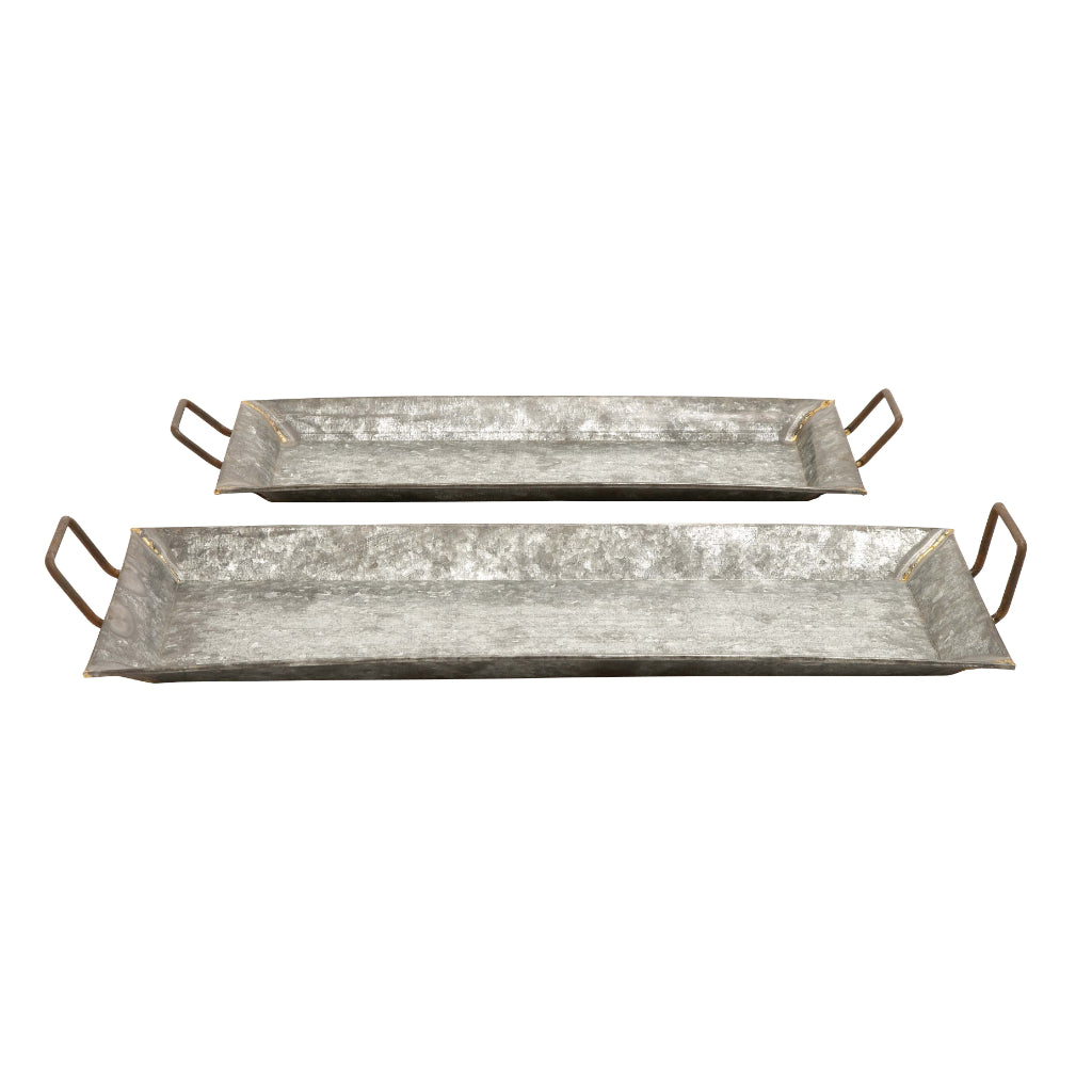 MTL GALVN TRAYS S/2 29", 25"W, FARMHOUSE, TRAYS, TRAYS-METAL, Metal, Gray