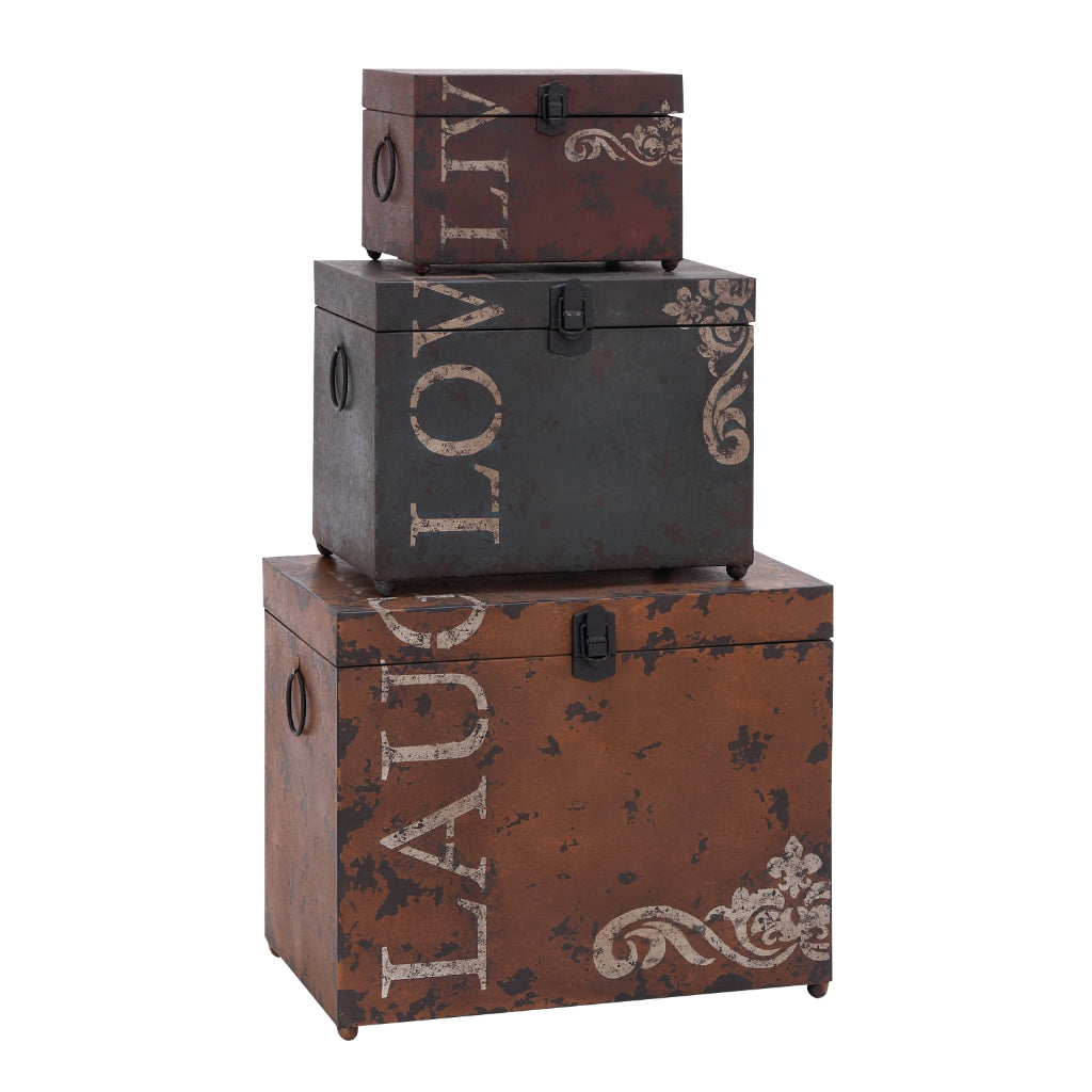 METAL TRUNK S/3 16", 12", 9"W, TRADITIONAL, BOXES, BOXES-METAL, Iron, Multi Colored