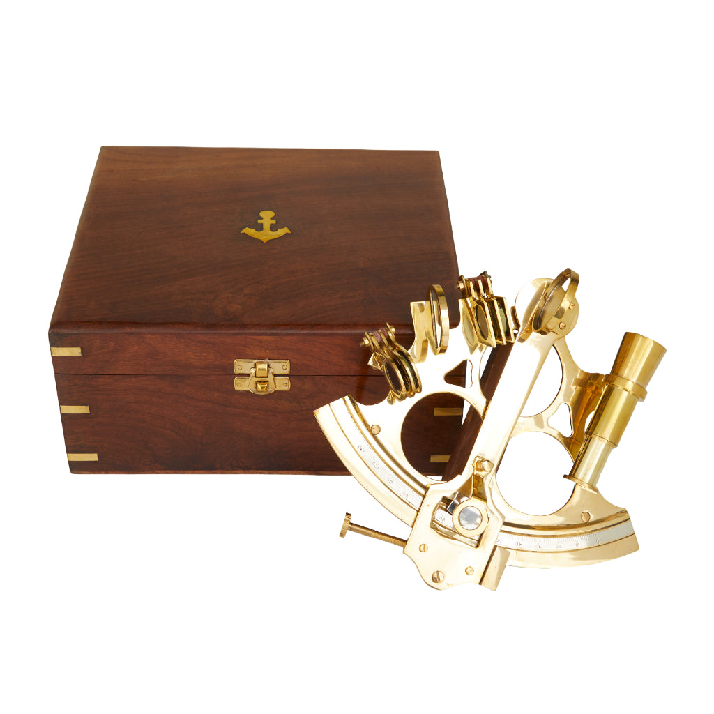 BRSS WD SEXTANT 7"W, 3"H, NAUTICAL, HOME DECOR, HEIRLOOM DECOR, Brass, Gold