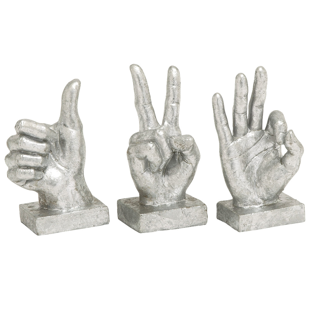 =PS SILV HAND SIGNS S/3 7", 7", 6"H, TRADITIONAL, SCULPTURES, ABSTRACT & GEOMETRIC, POLYSTONE, Silver
