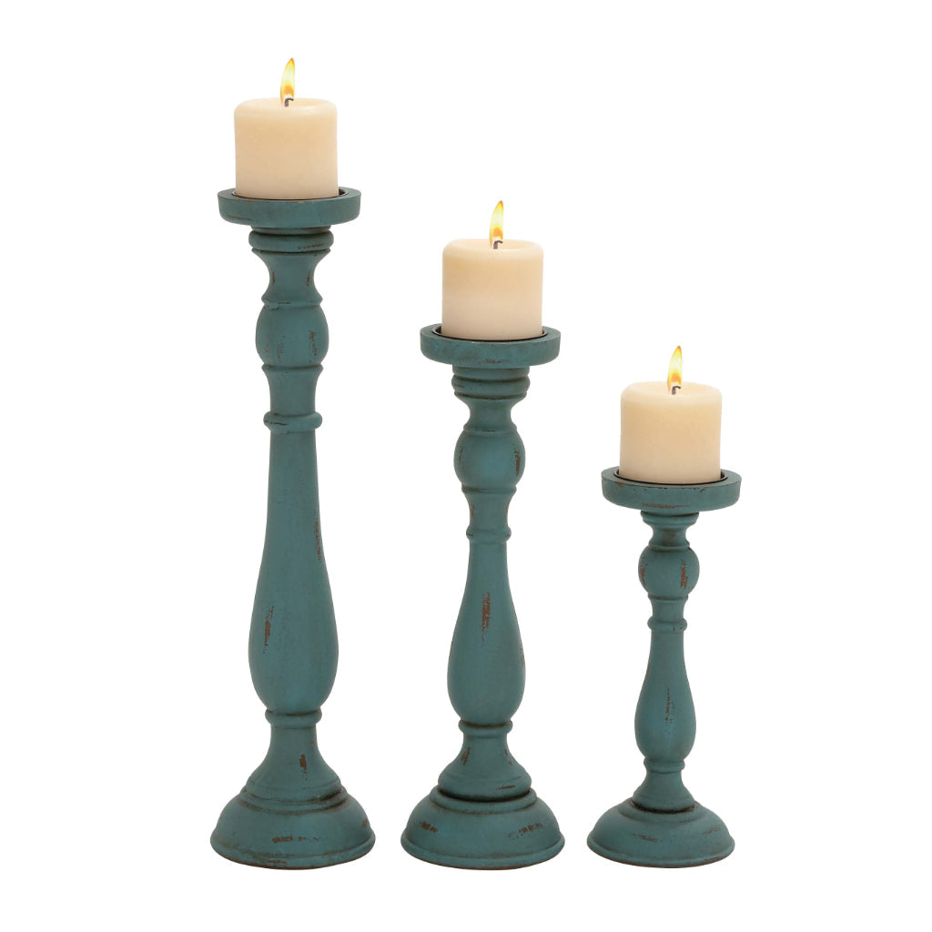 WD CNDL HLDR S/3 19", 15", 11"H, TRADITIONAL, CANDLE HOLDERS, CANDLE HOLDERS, Wood, Blue